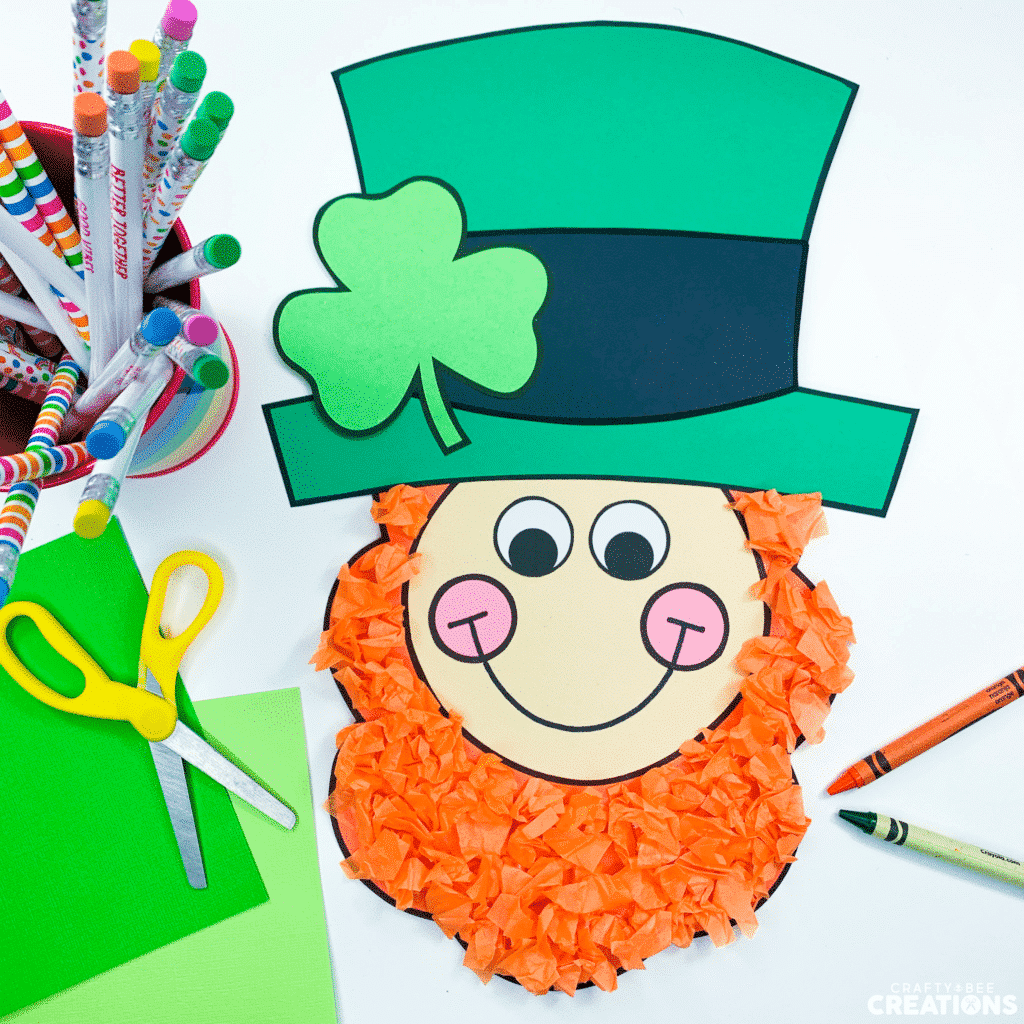 St. Patrick's day craft using tissue paper, scissors and crayons.