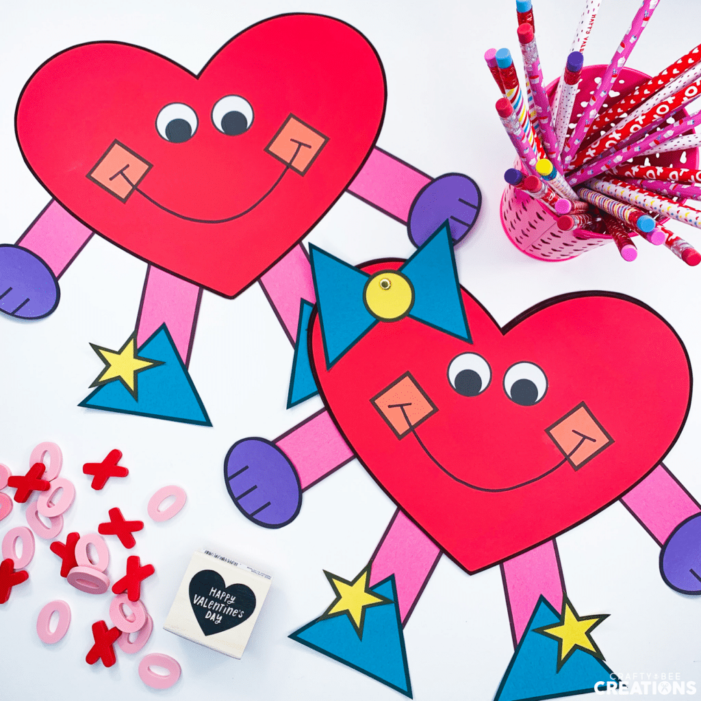 Valentine's Day Craft that uses shapes to create a little heart with arms and legs.