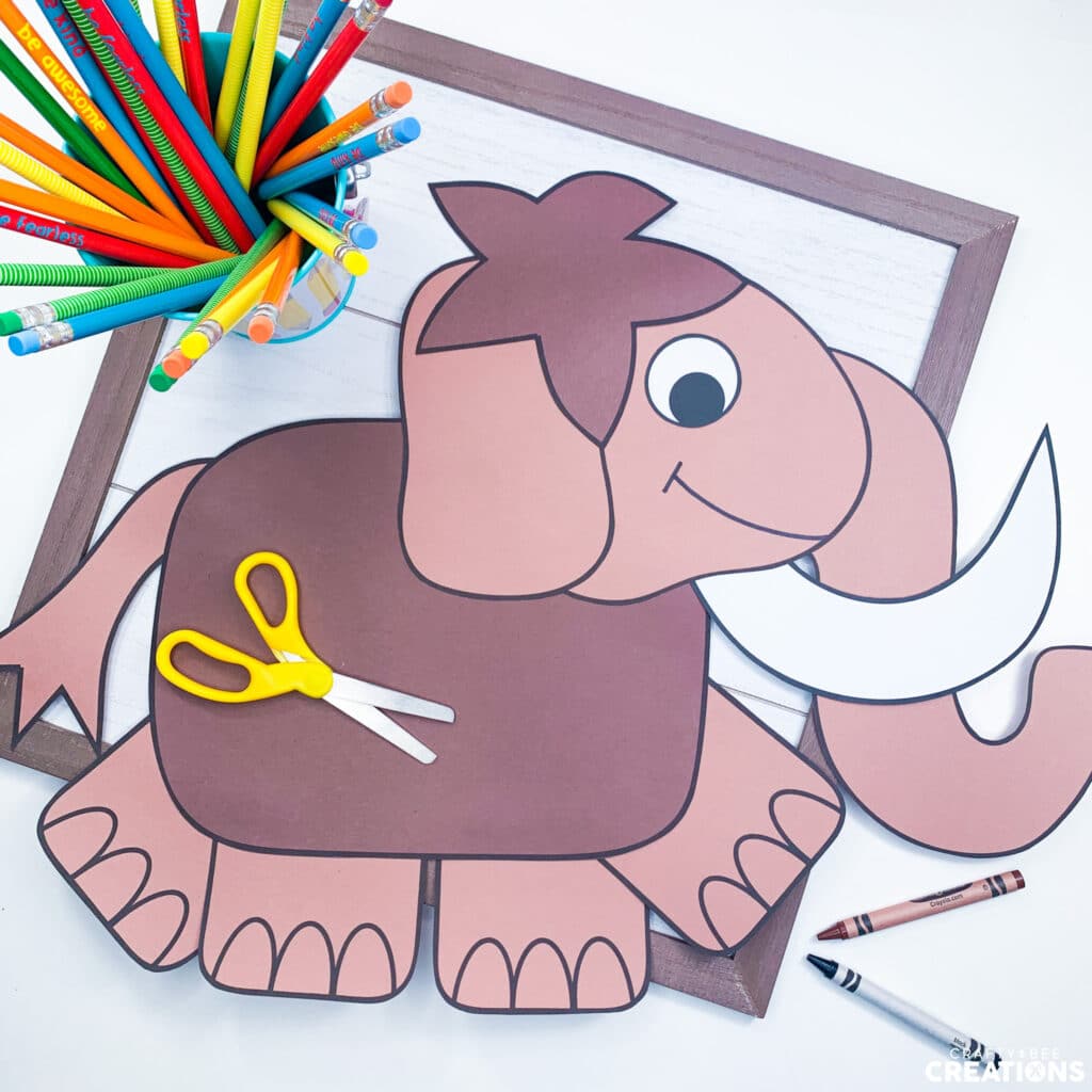 Wooly Mammoth Craft with scissors, pencils and crayons.
