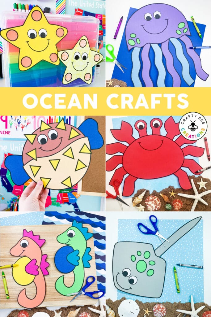 This ocean crafts bundle features a starfish, jellyfish, pufferfish, crab, seahorse and sting ray craft.
