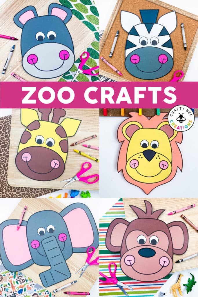 Main image shows six zoo animal crafts. They are a hippo, a zebra, a giraffe, a lion, an elephant and a monkey. There are scissors and colored crayons lying next to all of the cute animal crafts. Each animal has cute pink cheeks.
