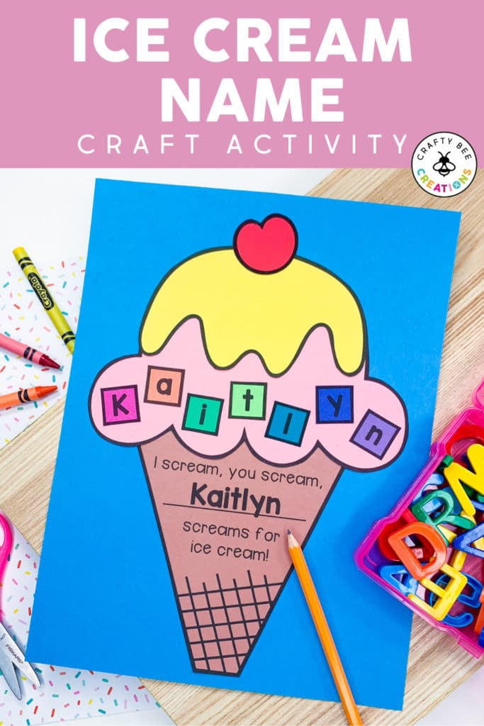 The ice cream cone craft is displayed on blue paper and says the name Kaitlyn. The cone says, "I scream, you scream, Kaitlyn screams for ice cream!"