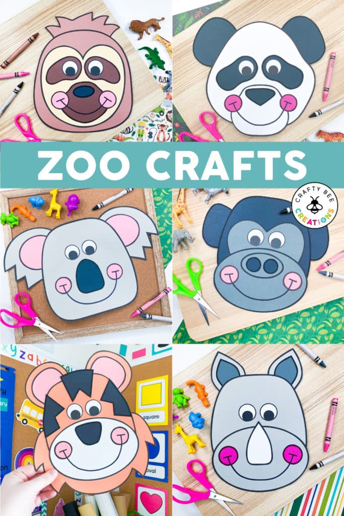 Six zoo crafts featured, a sloth, a panda bear, a koala, a gorilla, a tiger, and a rhino. Each image has crayons and plastic colored animal figurines. The animals are printed on colored cardstock and the title of the image says Zoo Crafts.