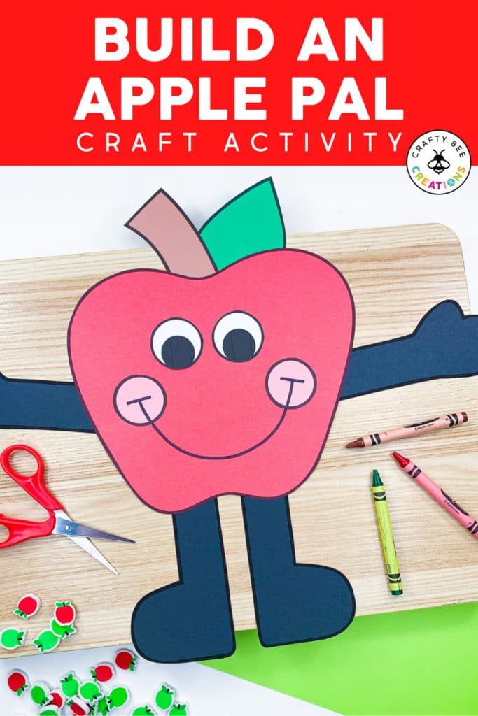 Apple Pal Craft Activity to complete in the fall or during back to school. Features crayons and scissors with the craft.