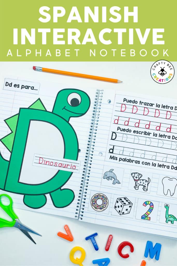 Spanish Alphabet Interactive Notebook featuring Dinosaurio and other things that start with letter D.