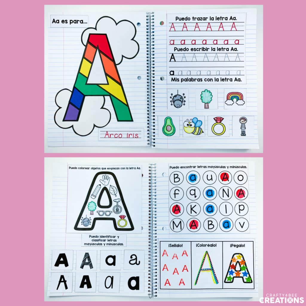 Example of each page of the Spanish Alphabet Interactive Notebook, including craft, fine motor activities, coloring and more.
