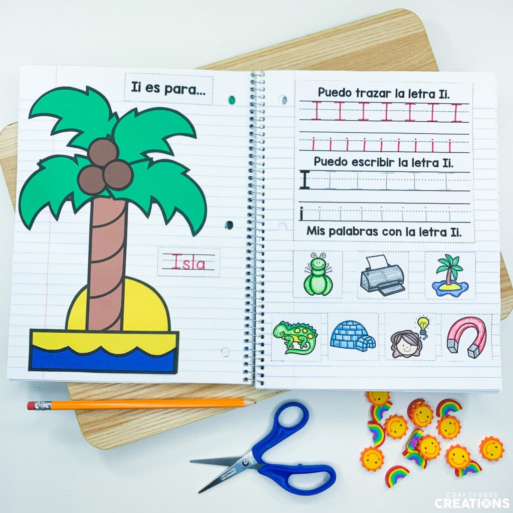 Ii es para Isla (I if for island). An example of a page from the Spanish Alphabet Interactive Notebook.