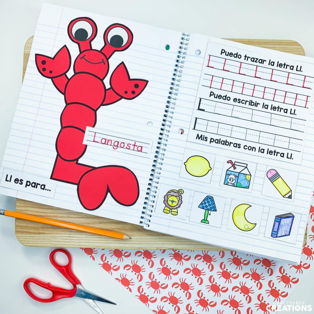 Ll es para Langosta (L is for lobster). Example of a page from the Spanish Alphabet Interactive Notebook.