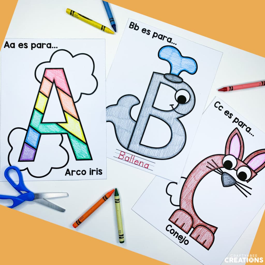 Image of A, B, and C colored by students in the Spanish Alphabet Interactive Notebook. A is for Arco iris, B is for Ballena, C is for Conejo.