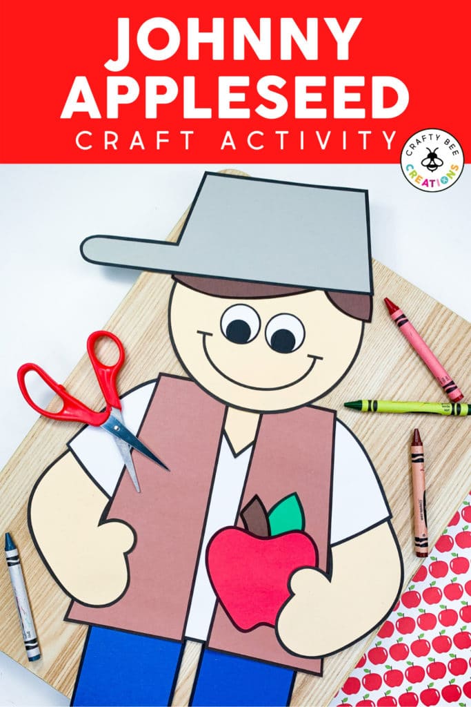 Johnny Appleseed craft with red scissors and apple butcher paper.