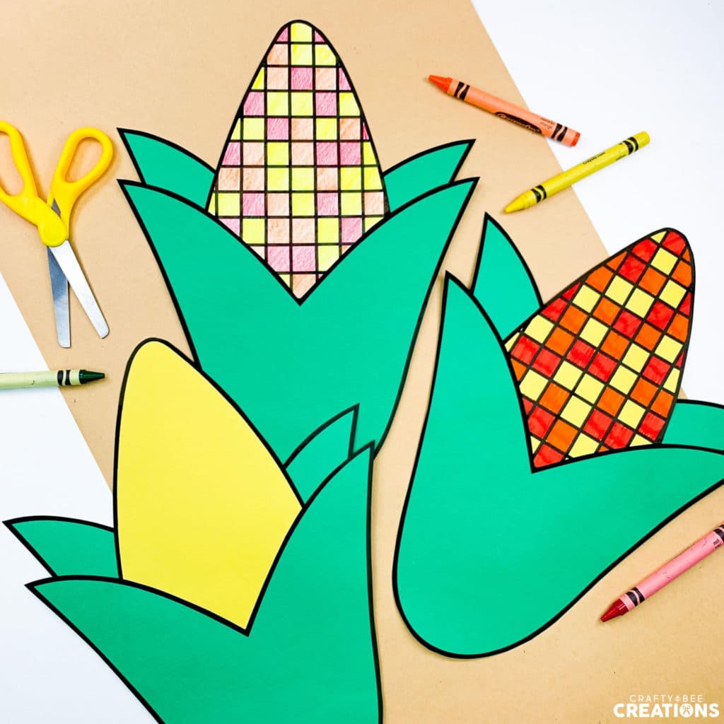 This fall corn craft is a beautiful addition to the fall bundle. Students can color their own ears of corn.