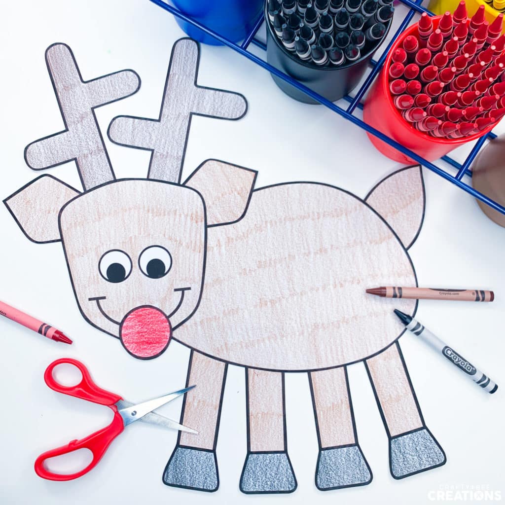 A reindeer craft colored by a student.