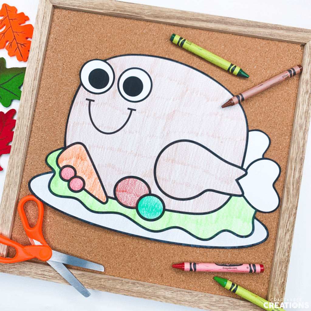 Fun turkey dinner craft can be colored instead of printed on paper.