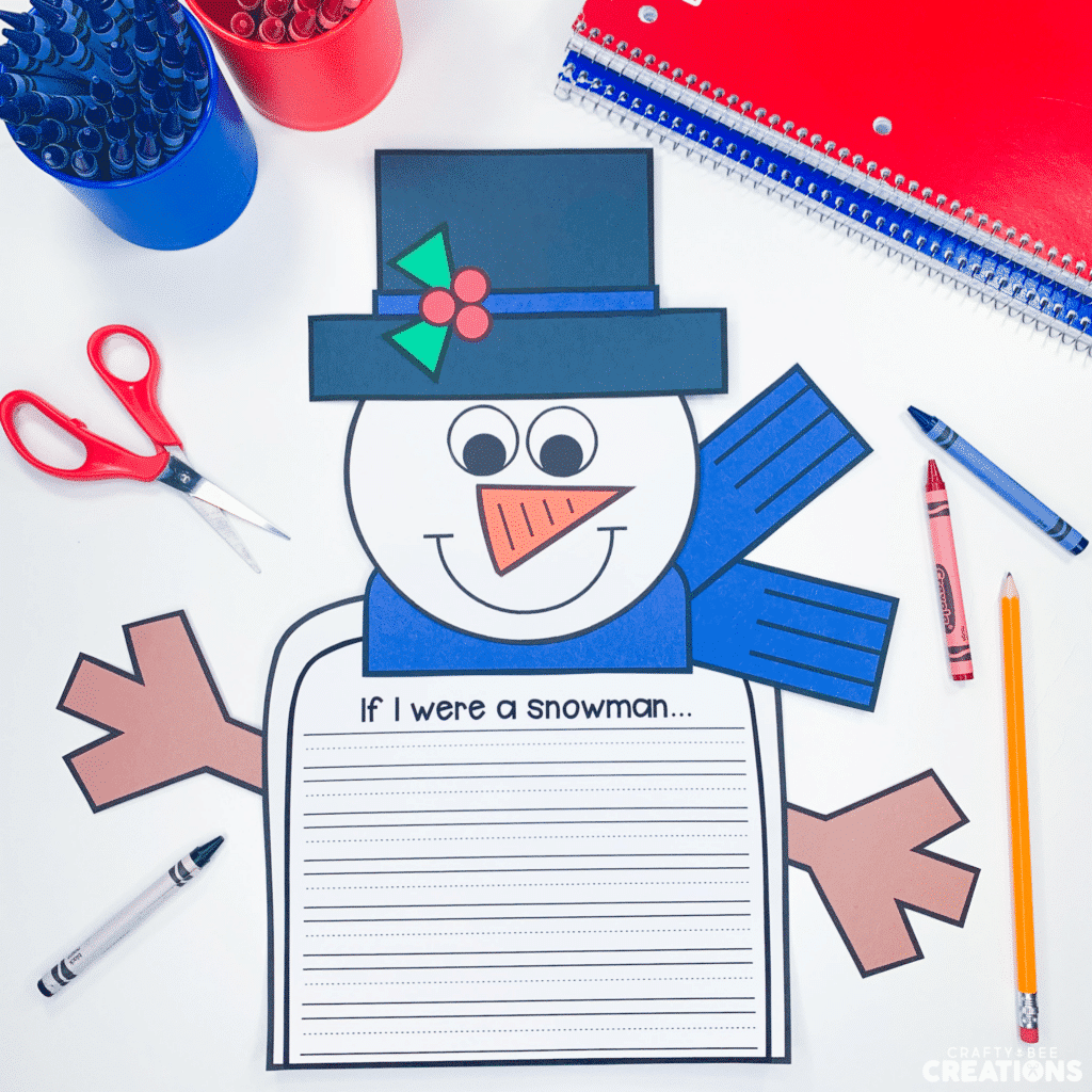 Snowman craft with writing template attached.