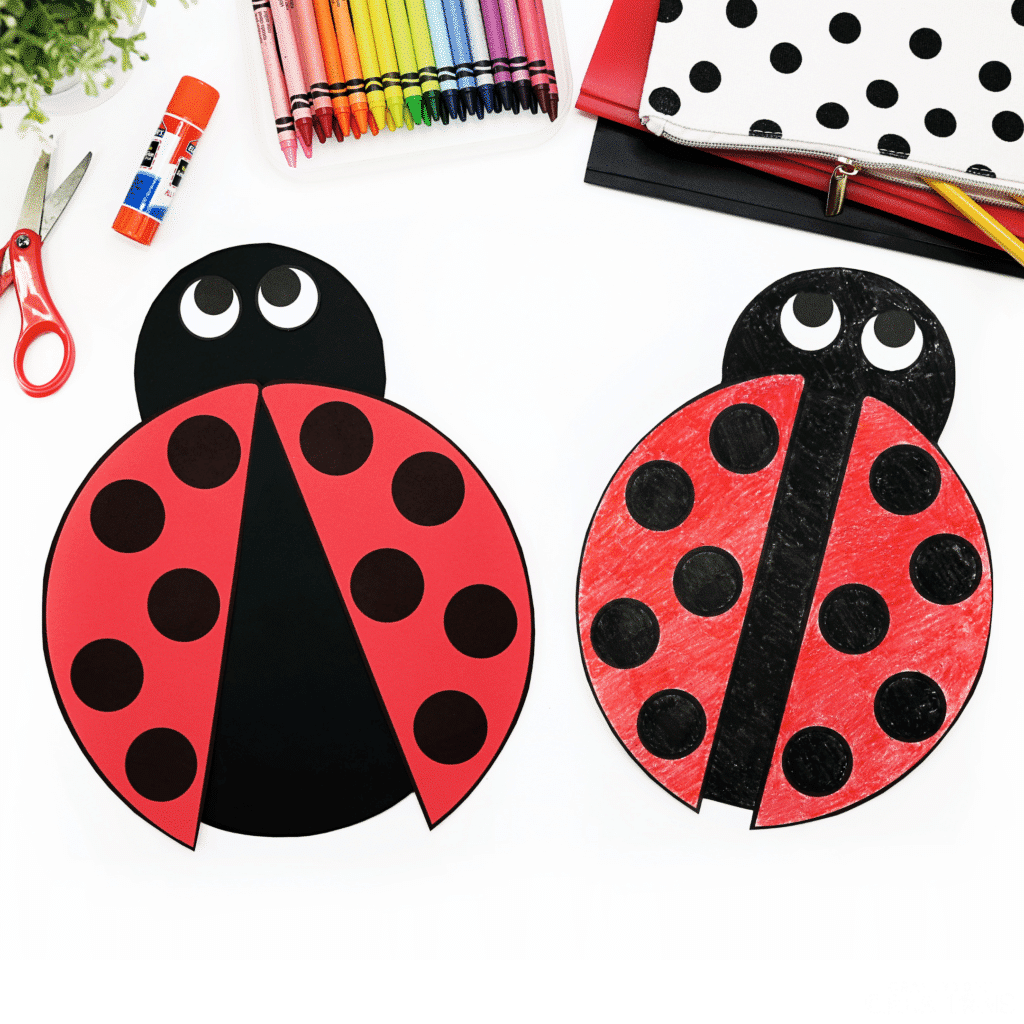 Ladybug craft and child colored ladybug.