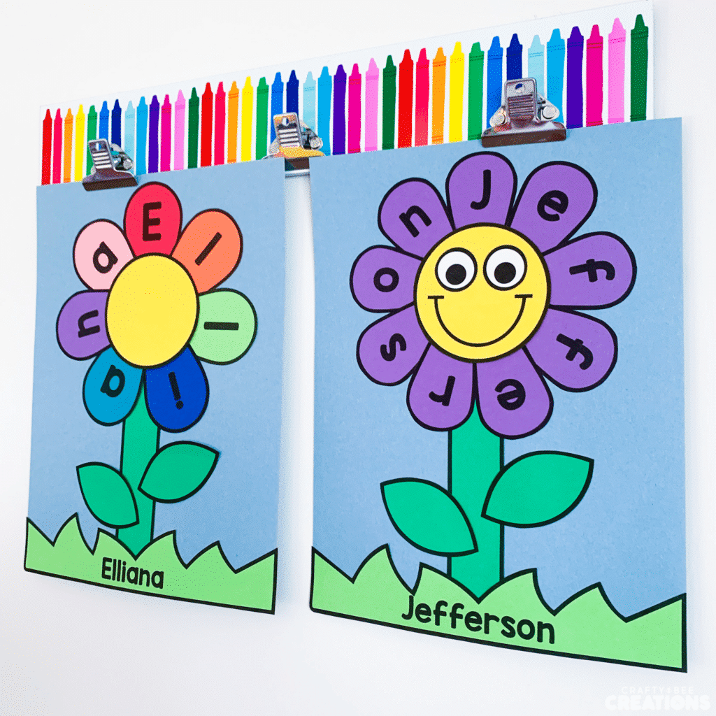 Two flower name craft options with different colored petals.