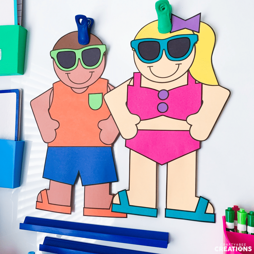 Fun Summer Kids Craft hung on whiteboard in classroom.