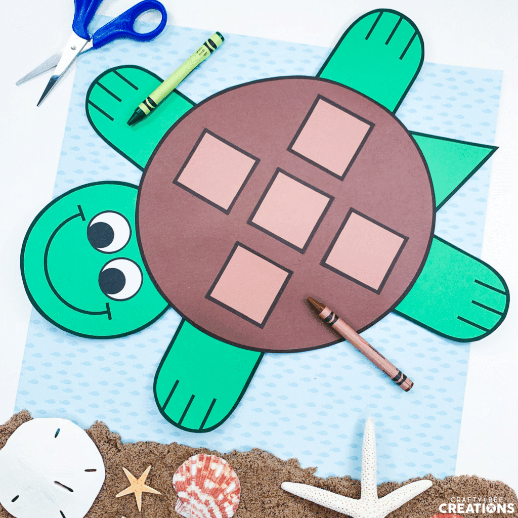 Turtle craft completed by child or student using brown and green construction paper.