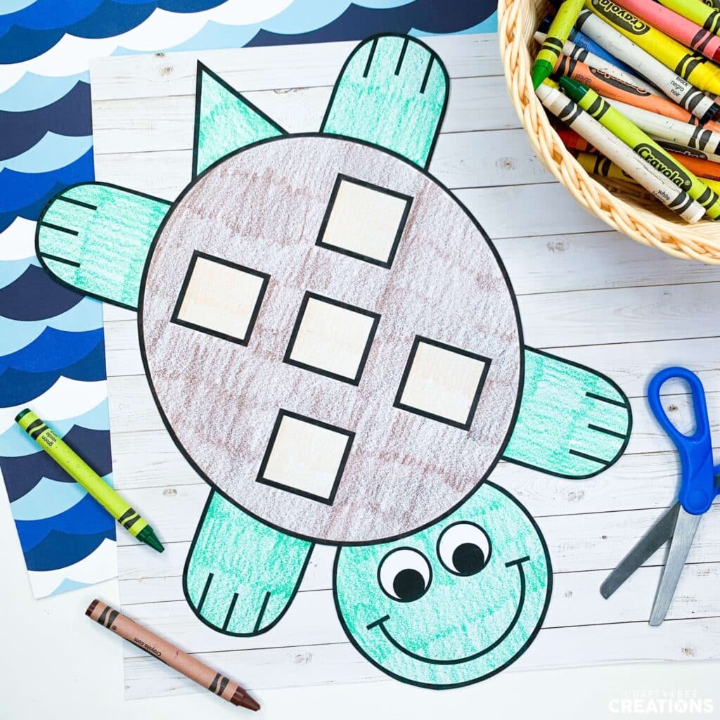 Sea Turtle craft colored in with crayons and colored pencils.