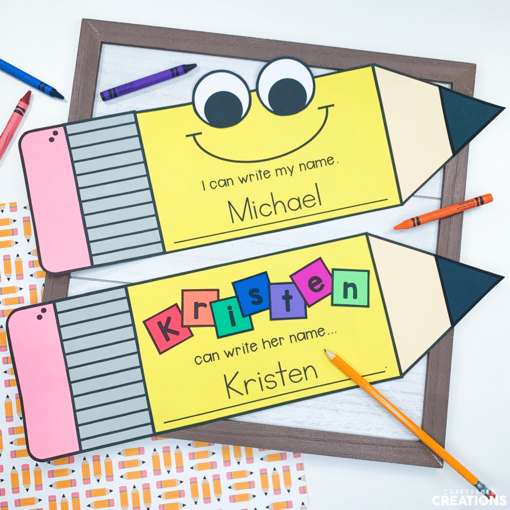 Pencil Name Craft with and without colorful letters. Students write their names.