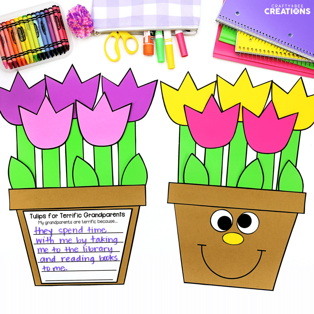 Grandparents Craft for kids with tulips and writing prompts.