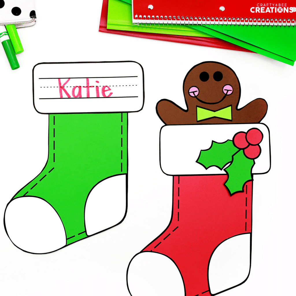 Green and red stocking name craft options with gingerbread and holly berry