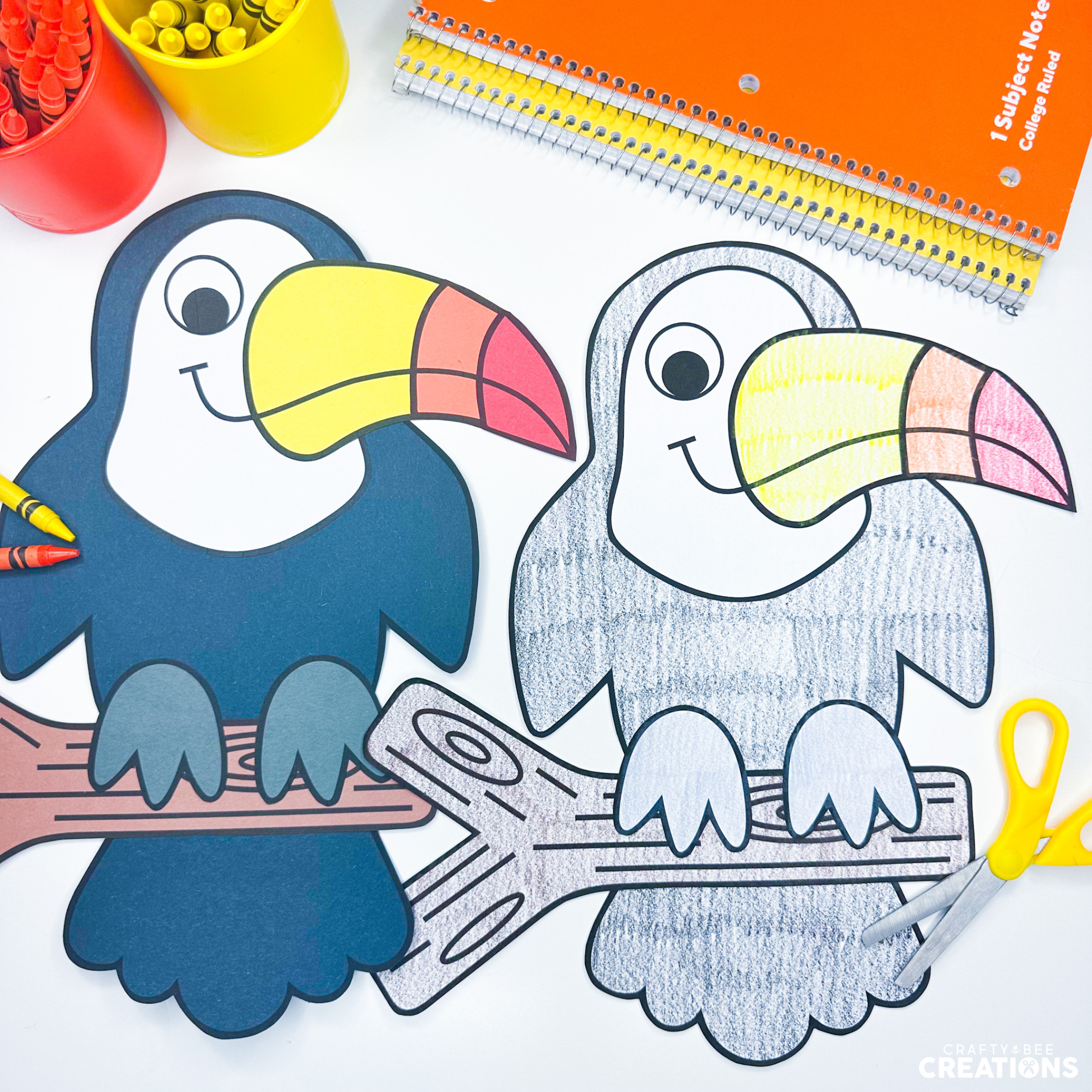 toucan craft printed on colored construction paper and other filled in with coloring utensils.